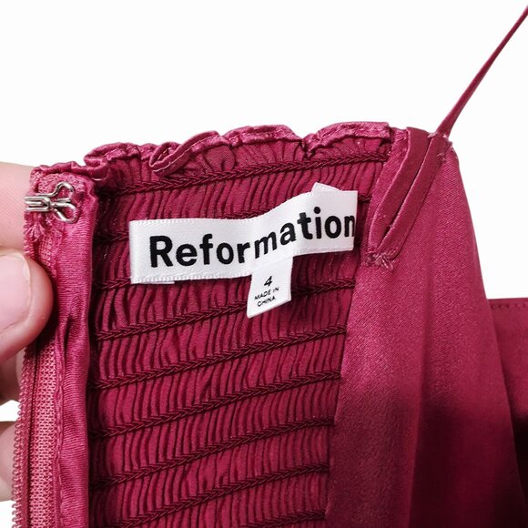 Reformation Frankie Strawberry Wine Pink Rosette Silk Maxi Dress Back Slit 4 - Picture 4 of 13